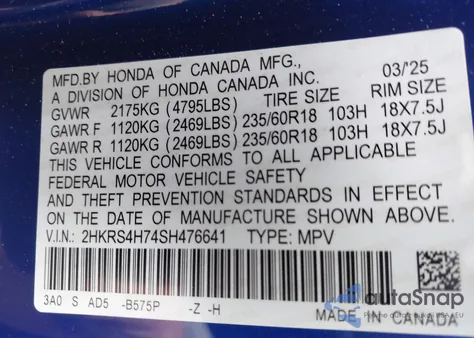 2025 Honda Cr-V Ex-L Awd from USA, damaged, VIN 2HKRS4H74SH476641